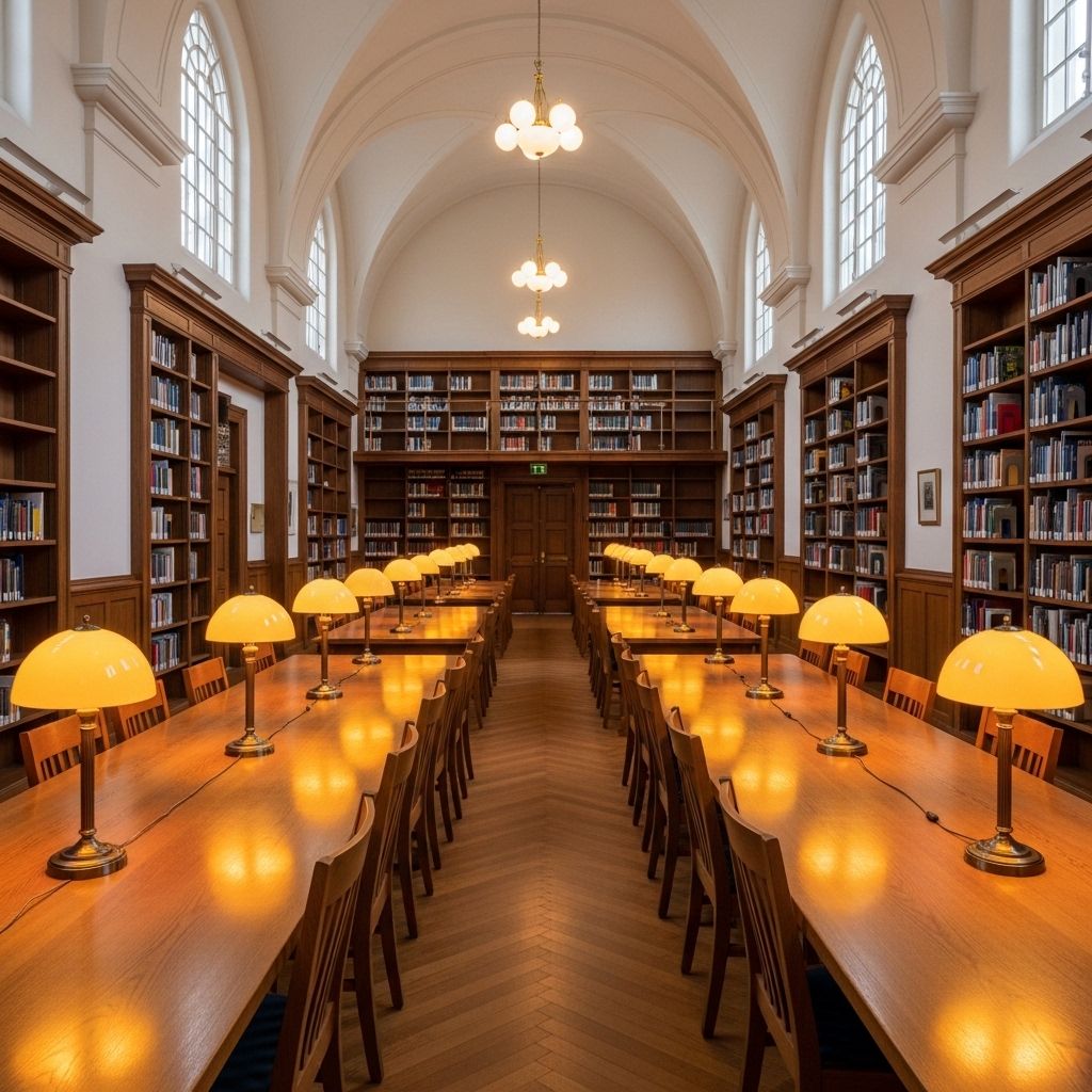 Wide-angle view of a quiet library reading room with tall wooden bookshelves, warm amber reading lamps casting pools of light on long oak tables, high vaulted ceilings, empty chairs suggesting a place of contemplation and research